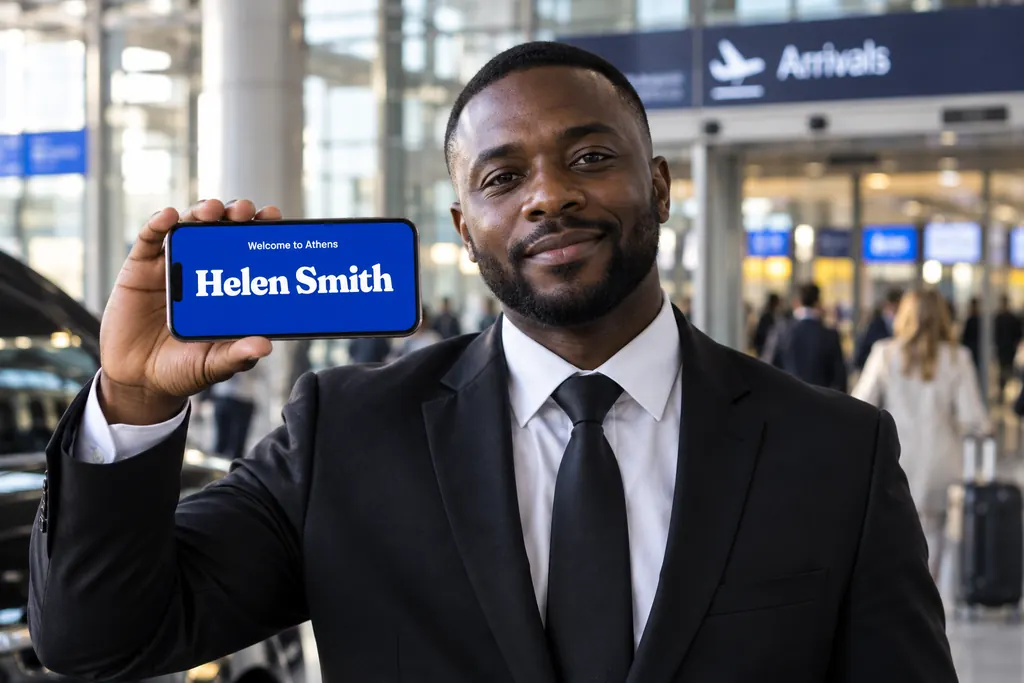 A driver at Arrivals holding up a phone with a Klein Blue greeting board